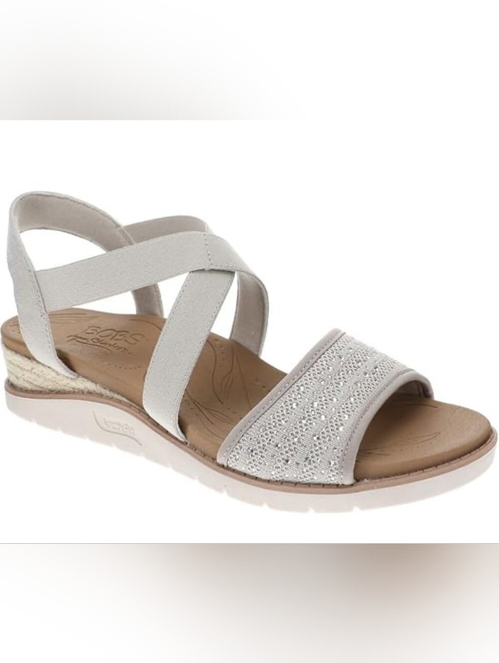 Skechers Bobs Arch Fit Beige Beach Kiss Rhinestone Espadrille Sandal Wedge Sz 11